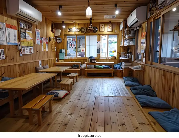 A cozy Japanese restaurant with wooden tables and benches