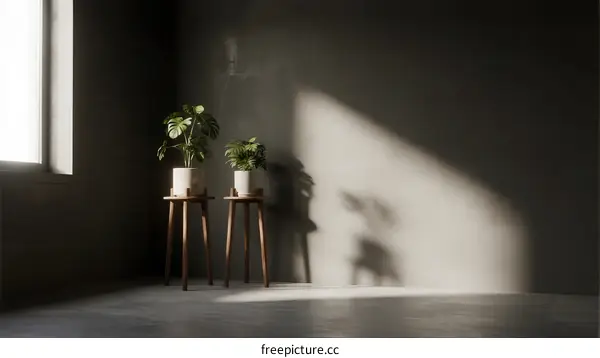 Indoor corner with two potted plants and natural light shadow