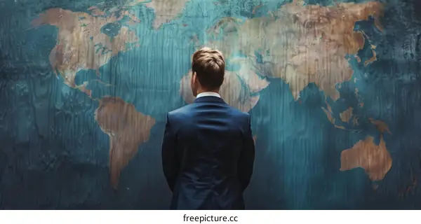 Businessman looking at world map planning global business strategy