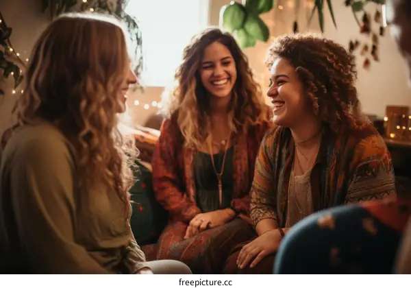 Three young women of different ethnicities are sitting on a couch and talking.