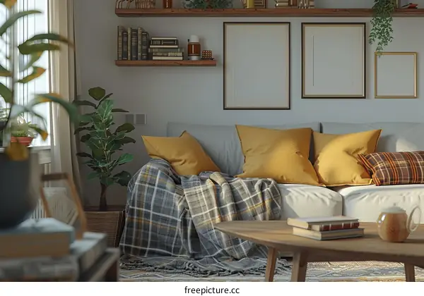 A cozy living room with a couch, coffee table, rug, and plants