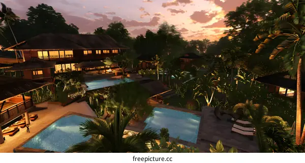 Tropical Villa with Swimming Pool Sunset Scenery
