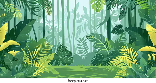 Green Jungle Background with Lush Foliage and Tropical Plants