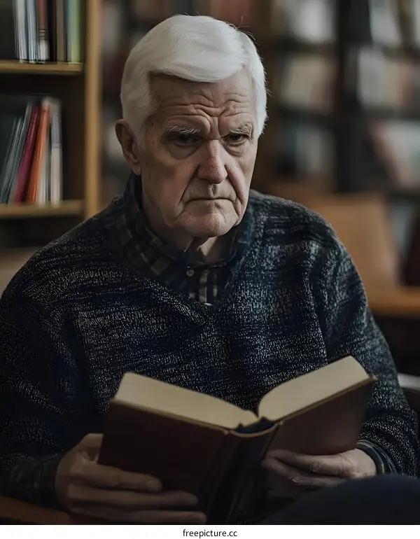 Senior Man Reading Book in Library