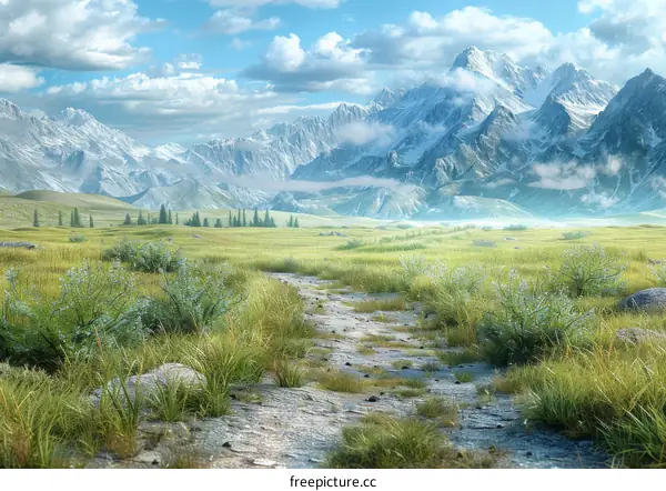 fantasy mountain landscape with a winding road through a grassy field