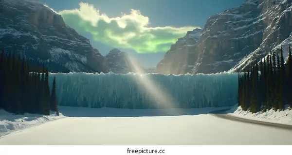 Frozen Waterfall in Mountain Range with Snow