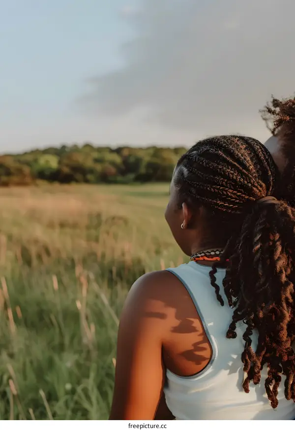 African American Woman with Braids Looking at the Horizon
