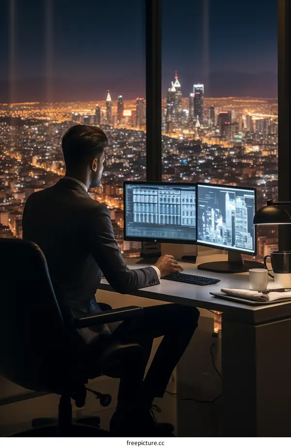 Businessman working late in his office overlooking the city