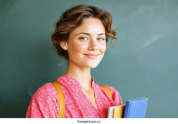 Young woman holding books standing in front of green chalkboard