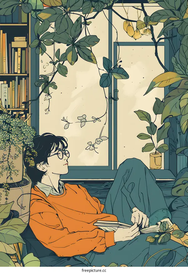A young man is reading a book in a room full of plants.