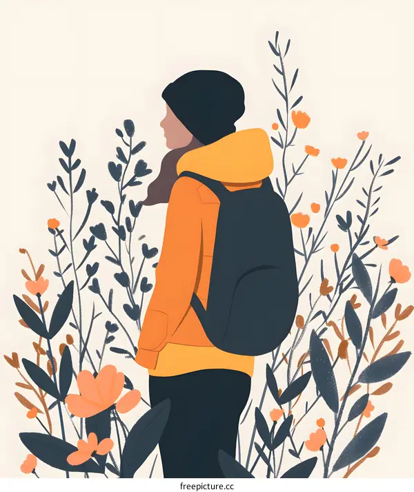 Woman with Backpack Walking Through a Field of Flowers