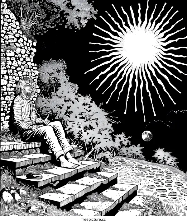 Man Sitting on Steps Looking at the Starry Night