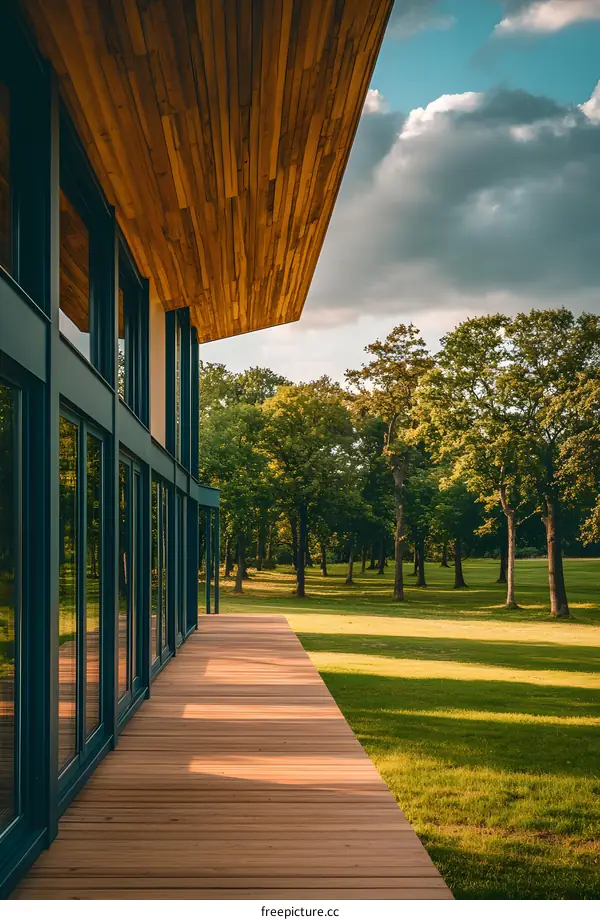Modern House With Wooden Deck And Green Lawn