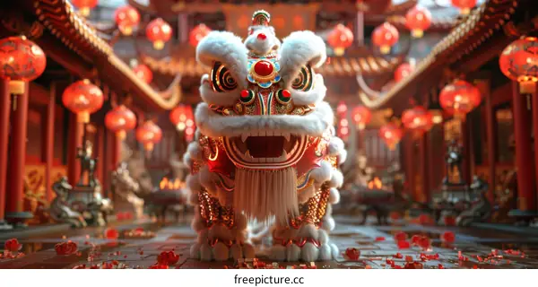 Lion Dance Performance at a Temple During Chinese New Year