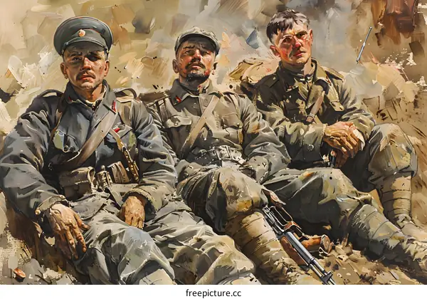 Three soldiers in a trench during the First World War