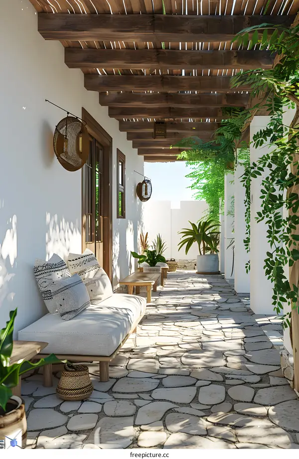 Modern Patio Design with Stone Flooring and Wooden Beams