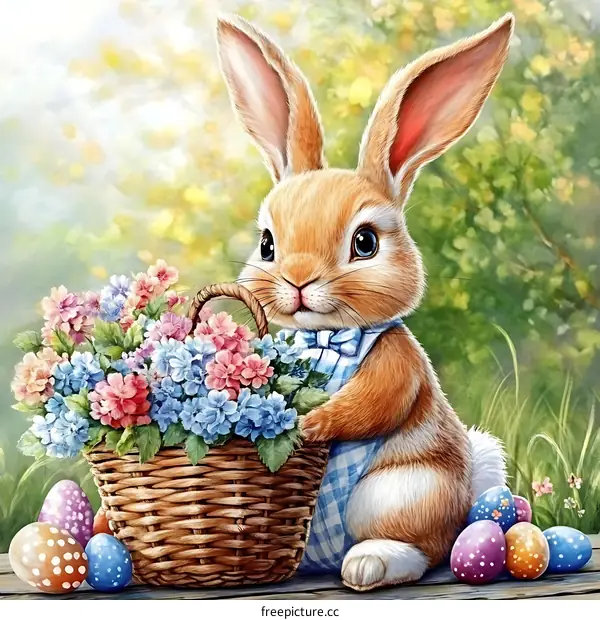 Cute Easter Bunny with Flowers and Eggs