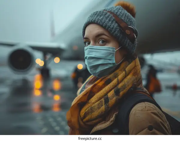 Young woman wearing a face mask at the airport