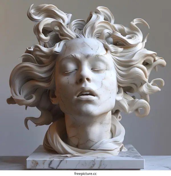 A marble sculpture of a womans head with long, flowing hair