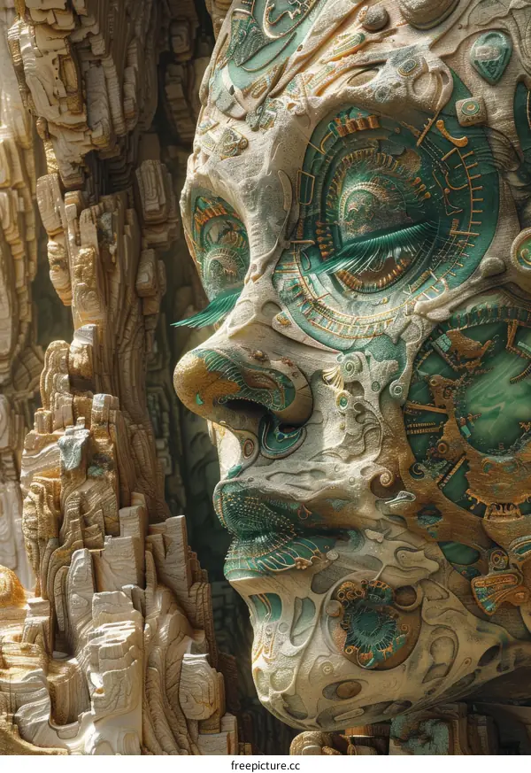 Mystical Golden and Green Sculpture of a Woman's Face