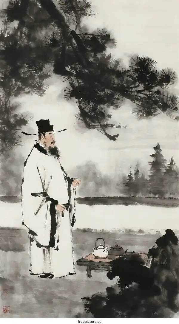 Ancient Chinese Scholar in Traditional Clothing Standing Near Pine Tree