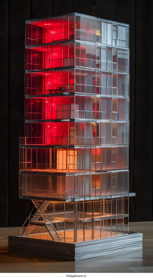 Glass Building Model with Red Interior Lights