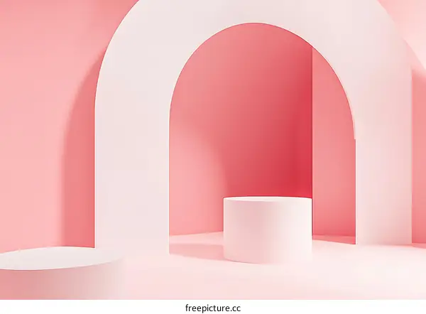 Abstract Pink and White Archway Background with Cylindrical Platforms