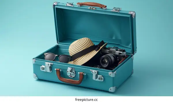 Blue suitcase with vintage camera and straw hat