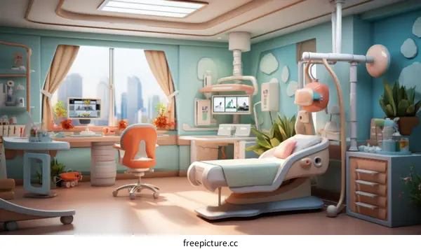 A digital illustration of a modern and colorful hospital room