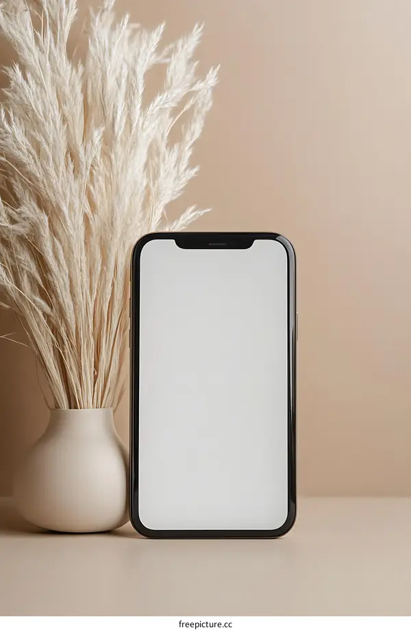 Beige Background with Phone and Dried Pampas Grass