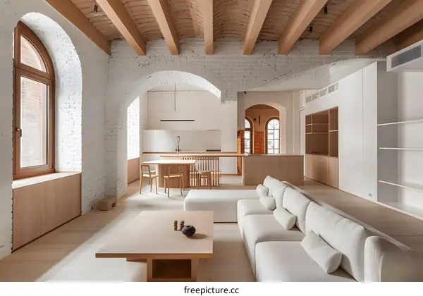 Modern Minimalist Apartment Interior Design with Exposed Brick Walls and Wooden Beams