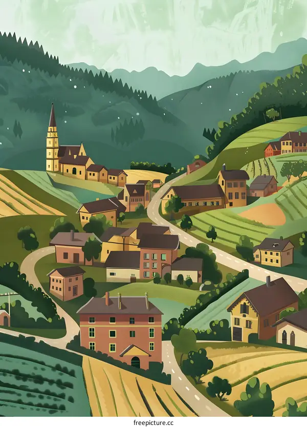 Peaceful Village Illustration with Church and Winding Road
