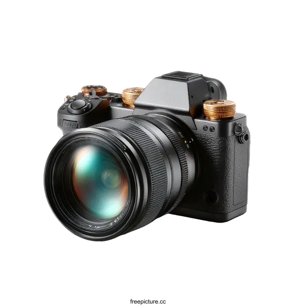 [Transparent Background PNG]High-end Modern Black Camera with Golden Accents