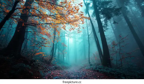 Mystical Autumn Forest Path in a Fog