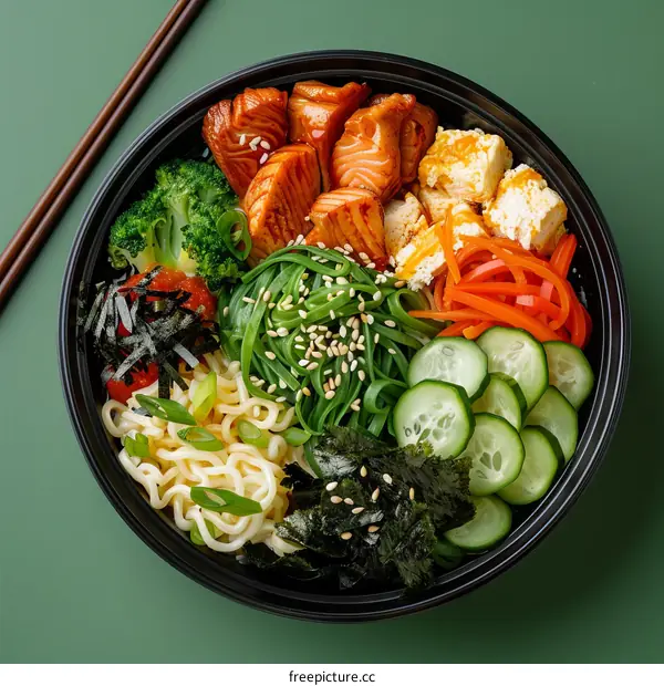 Salmon Teriyaki Rice Bowl with Assorted Vegetables and Toppings