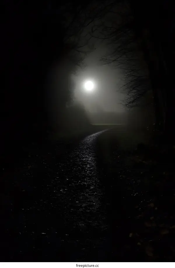 Dark Forest Path Illuminated by Moonlight