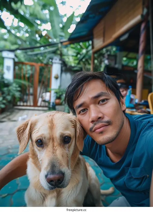A man and his golden retriever dog are sitting on the ground in front of a house.