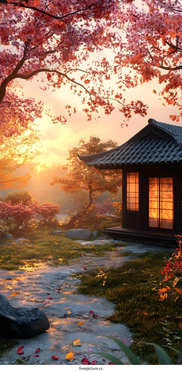 Japanese Garden with Pagoda at Sunset
