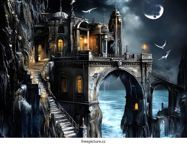 Fantasy Castle Bridge Night Scene Illustration