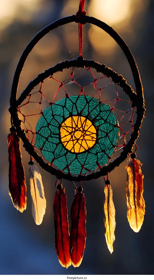 Dream Catcher with Feathers in the Sunset