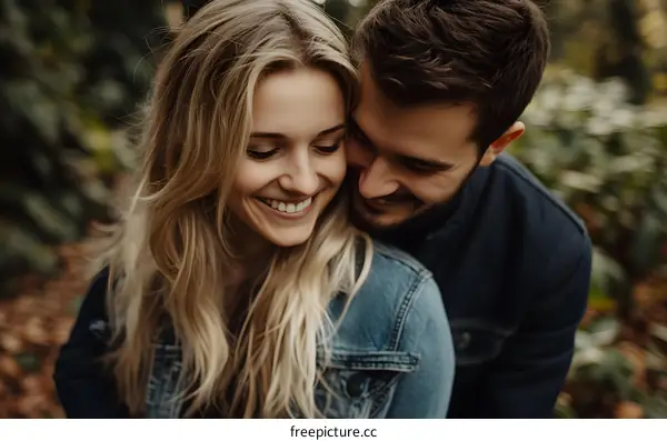 Couple in Love Smiling at Each Other in a Forest