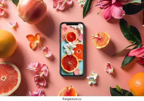 Flat Lay with Smartphone and Fruits and Flowers