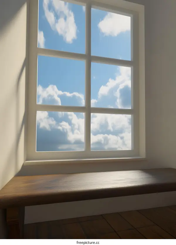 Wooden Window Seat with View of Sky and Clouds