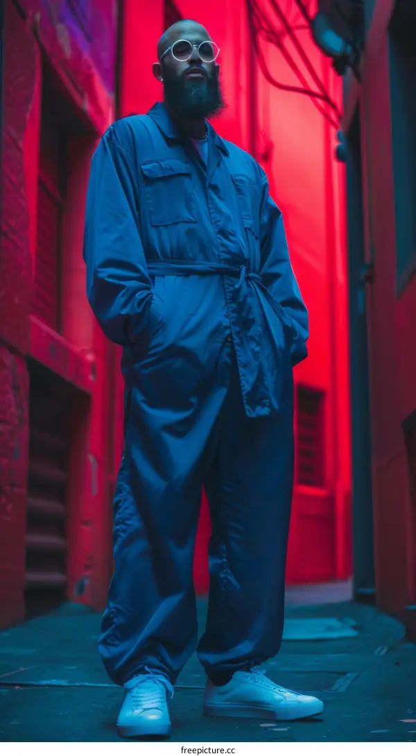 A man wearing a blue jumpsuit standing in a red alleyway