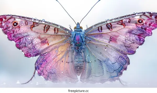 A colorful butterfly with water droplets on its wings