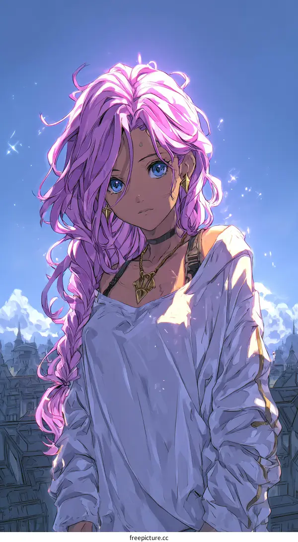 Beautiful Anime Girl with Purple Hair in a Cityscape Illustration