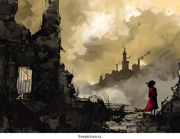 Lonely Figure in Ruins Gazing at Distant City