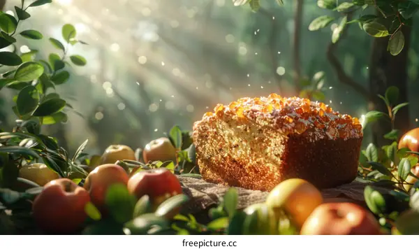 Close-up of a delicious cake with apples in the background