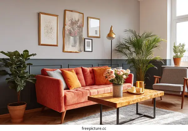 Modern Living Room Interior Design with Orange Sofa