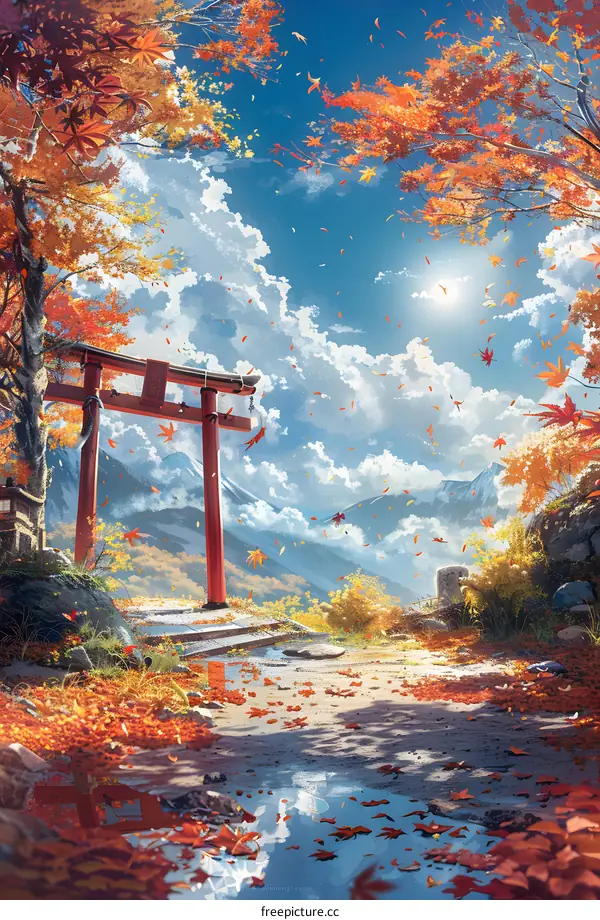 Autumn Leaves Falling on a Path to a Japanese Shrine